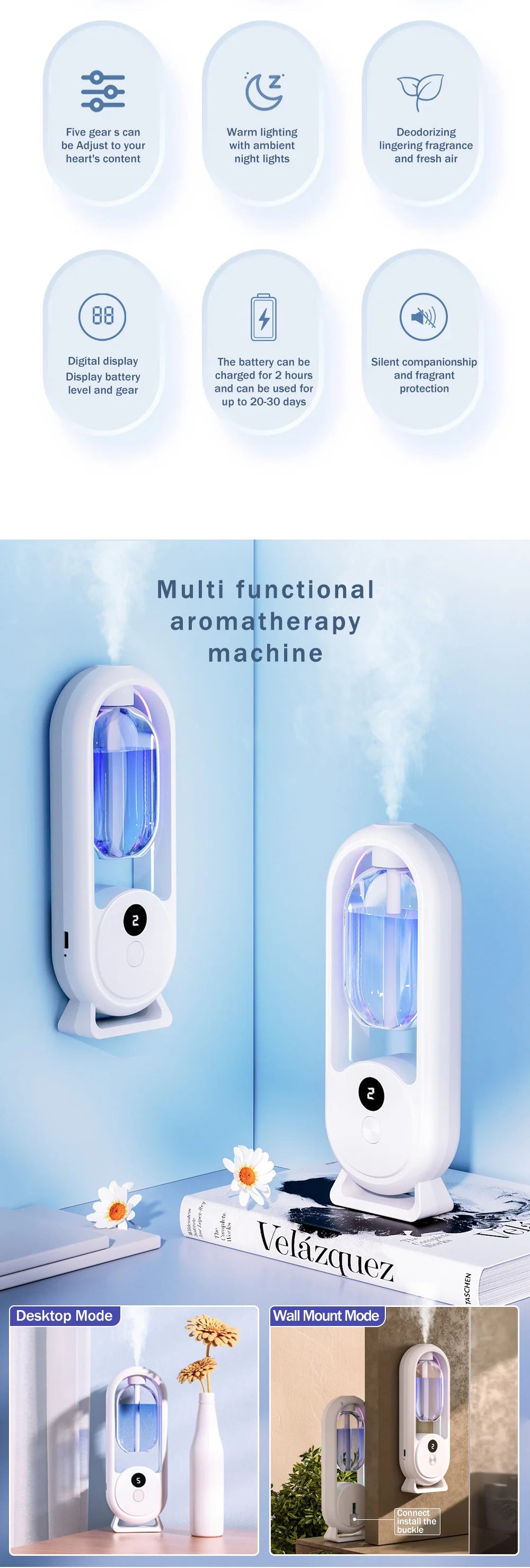 White multi-mode aroma diffuser shown with desktop and wall-mount modes