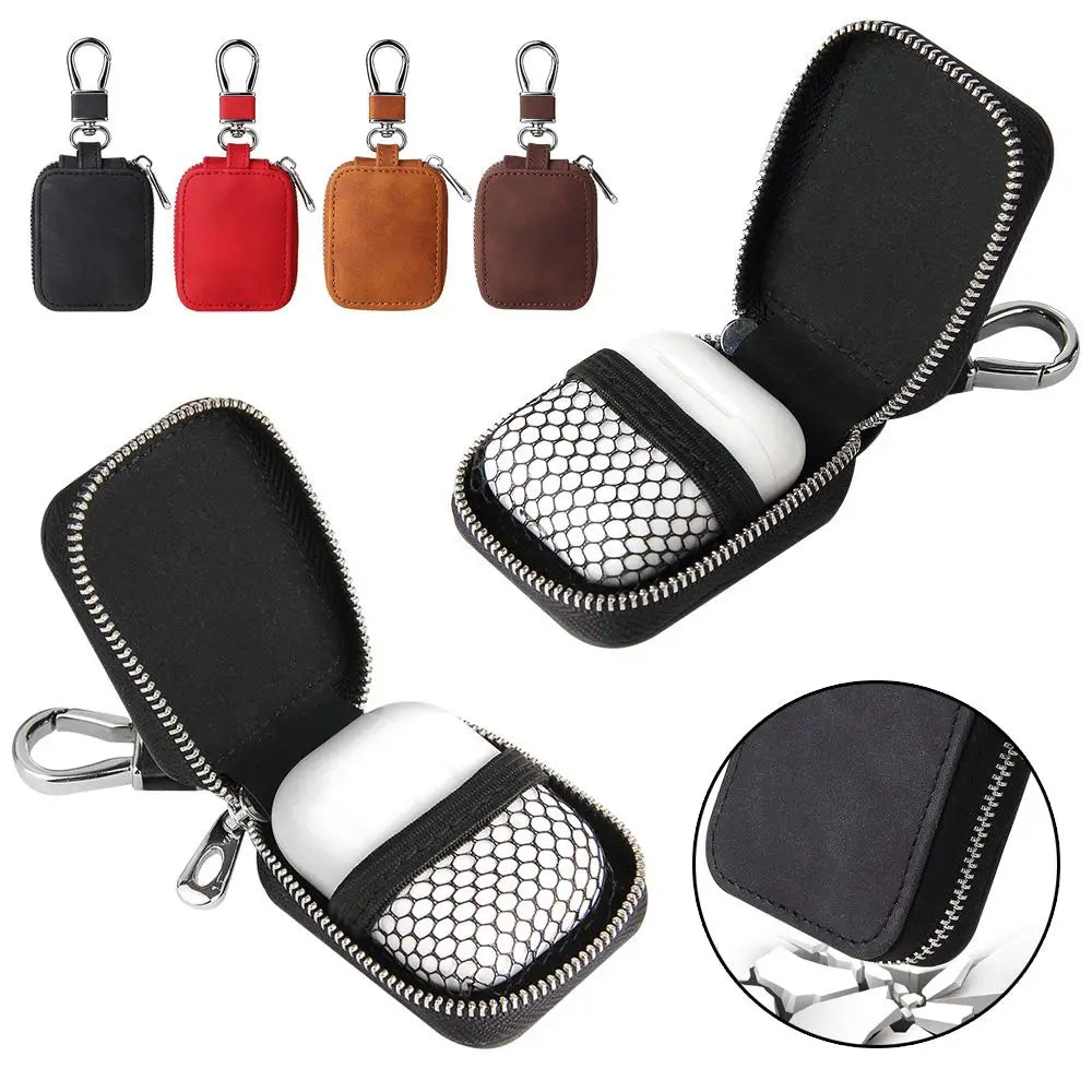 Black zip case with carabiner and mesh-protective inner pocket for earbuds