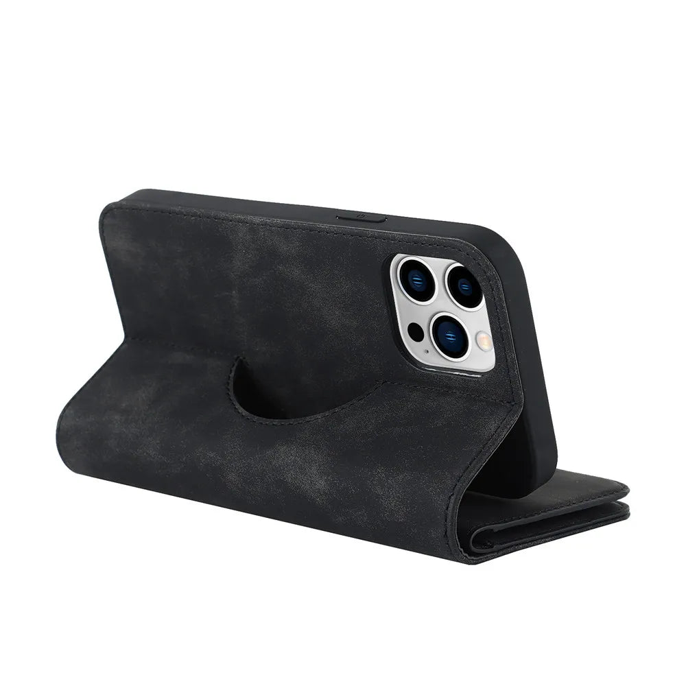 Black kickstand MagSafe wallet with card slot and phone camera cutout