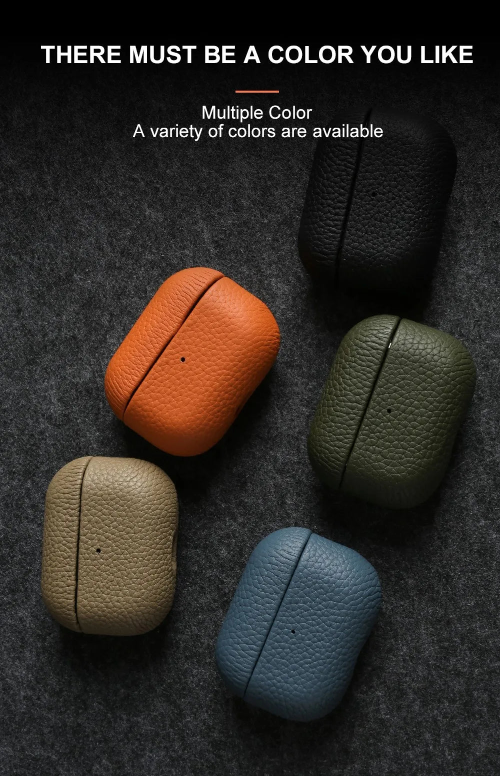 Cowhide leather AirPods case in orange, tan, dark green, and blue colors