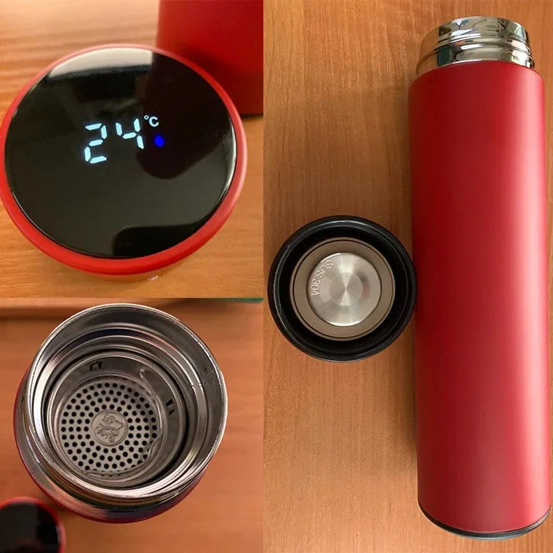 Red insulated thermos bottle with digital temperature display and open spout