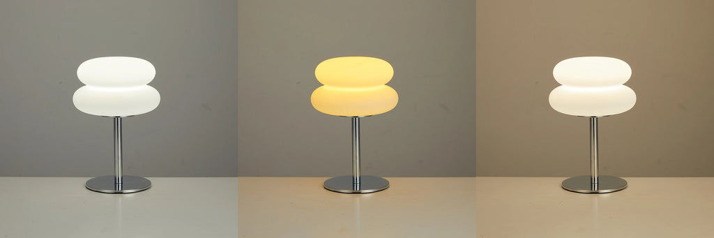 Mushroom USB ambient table lamp color options: white, warm light, and warm white glow.