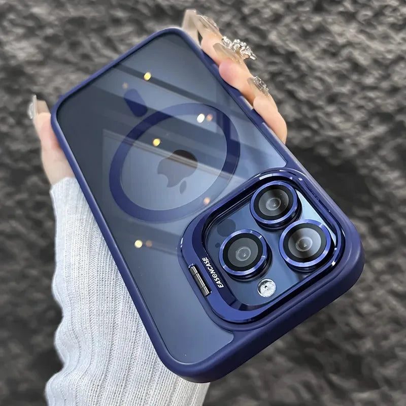 Dark blue magnetic lens phone case with clear back and metal-ring camera cutouts