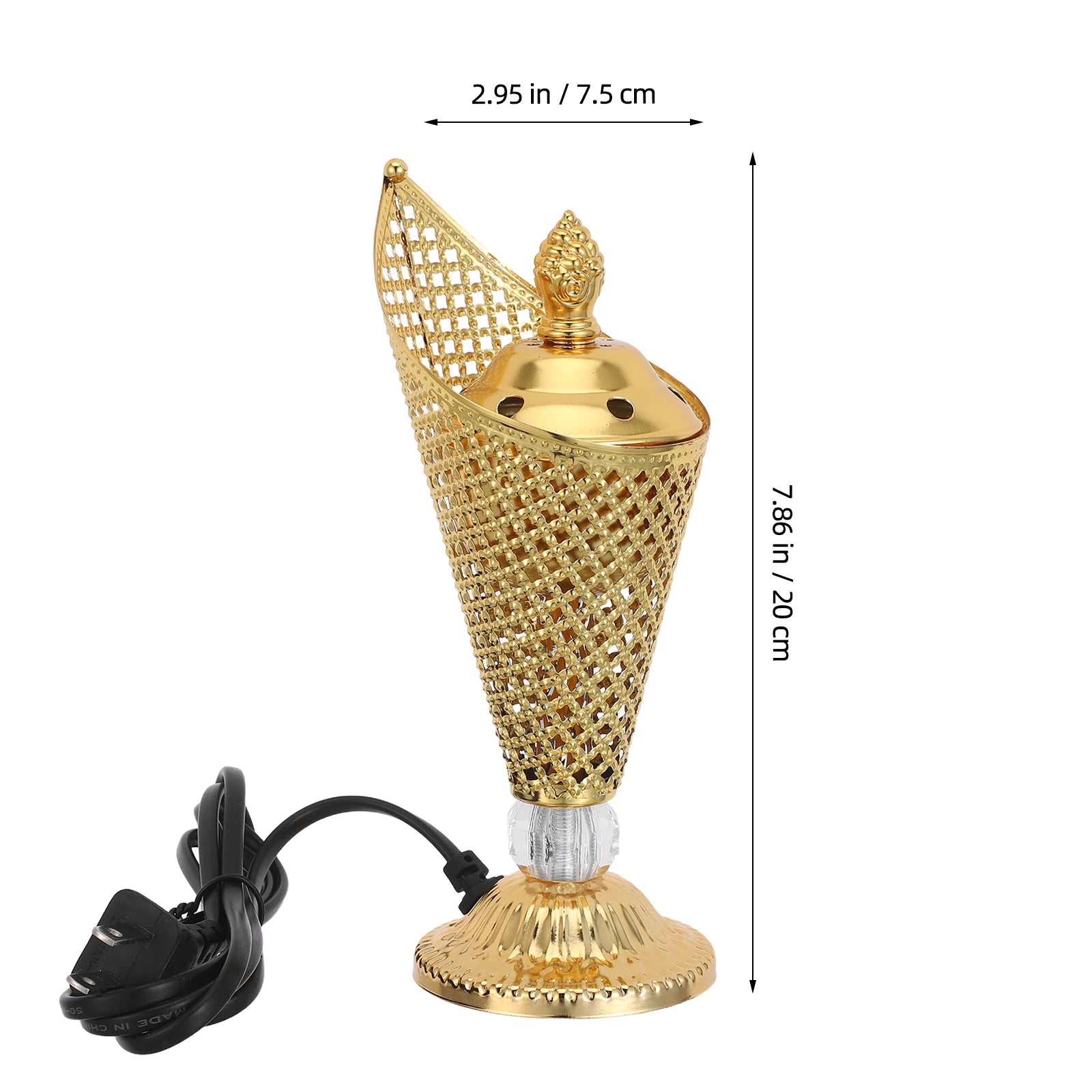 Gold electric mabkhara with perforated cone shade, brass top, and black power cord