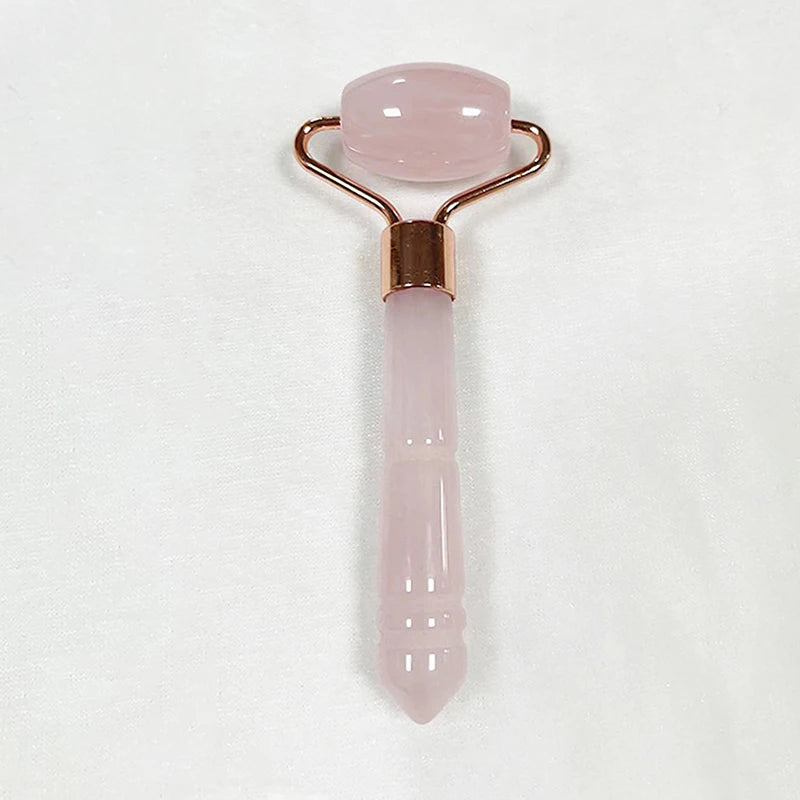 Rose quartz jade roller massager with rose-gold frame