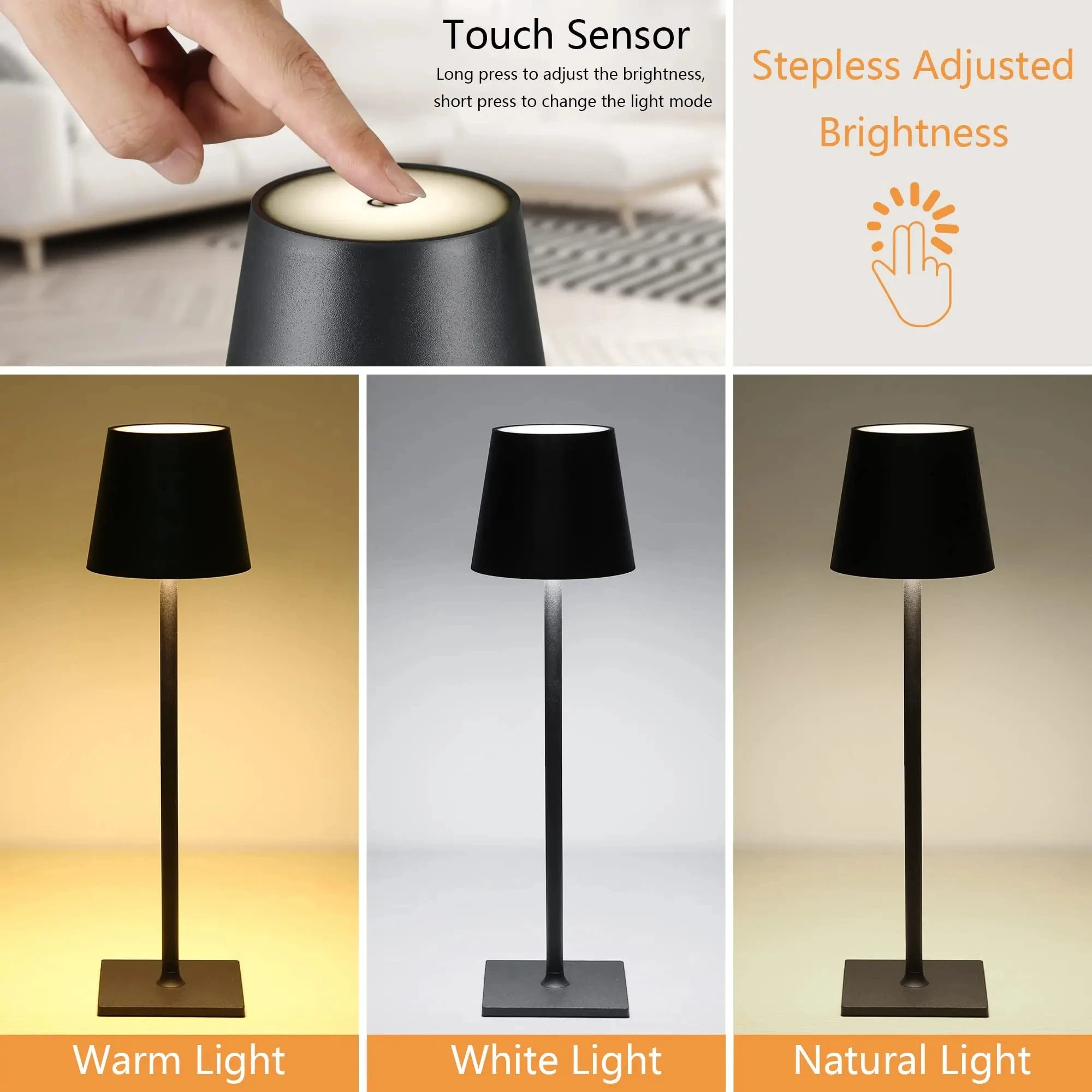 Touch control on dark cordless LED desk lamp top with step-less brightness