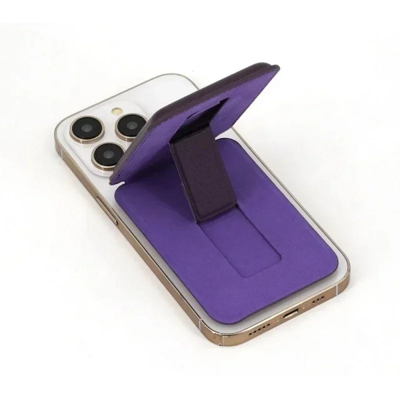 Purple hide stand wallet on phone with folding card-holder stand