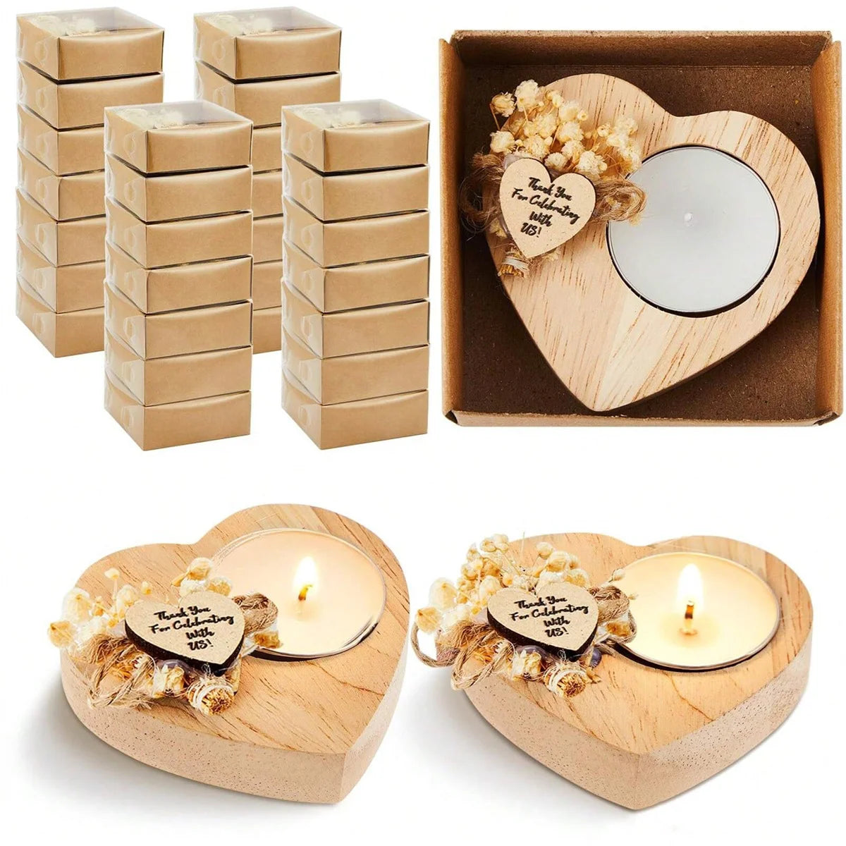 Set of 6 heart-shaped scented candle favors with wooden holder and floral label