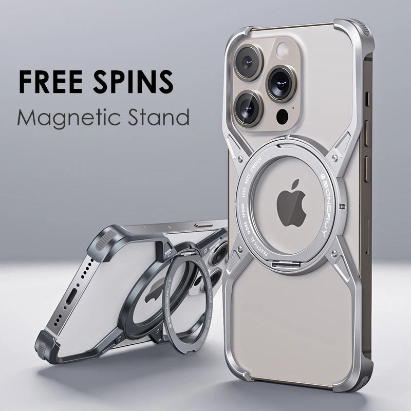 Silver rimless magnetic phone case with circular stand and raised camera lenses