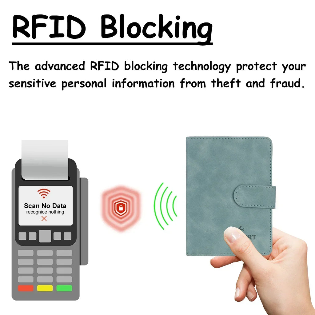 Sage green RFID passport wallet held in a hand