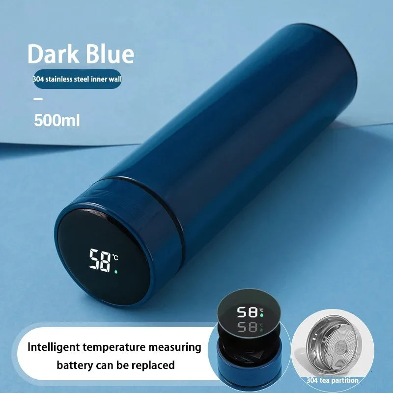 Dark blue smart thermos with digital temperature display and tea infuser accessory