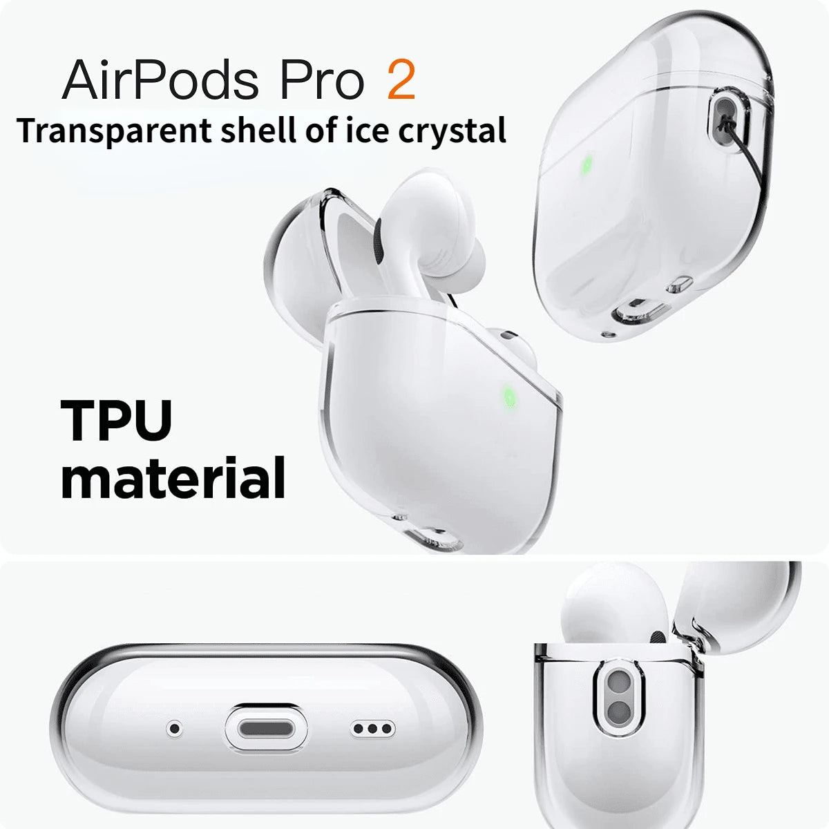 Transparent ice-crystal style AirPods case with hinge and speaker cutouts, clear