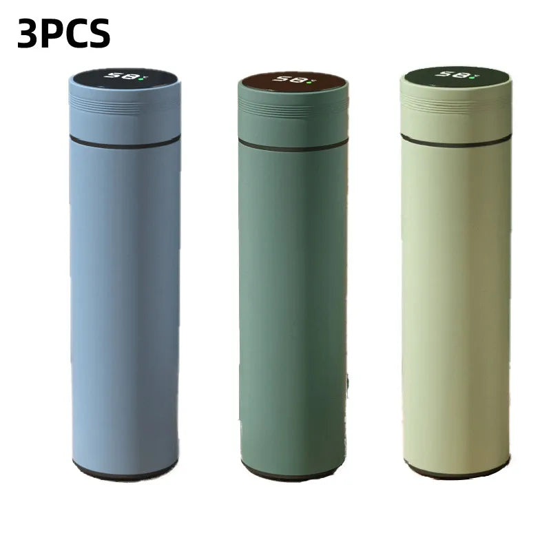 3-pack smart thermos flasks: light blue, dark green, and olive green with displays
