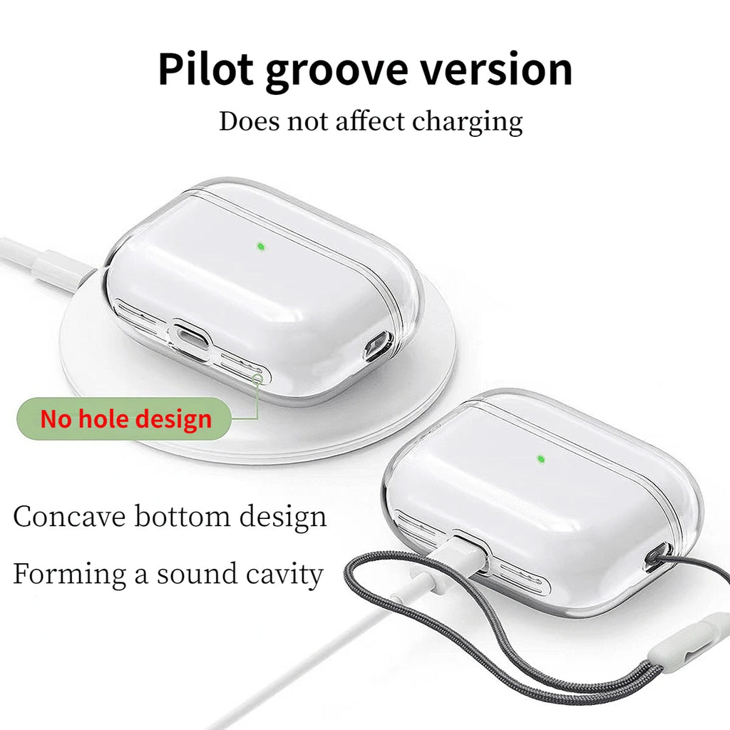 Clear AirPods case showing bottom ports and lanyard hole, white/transparent