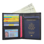 Black travel document wallet open; multiple card slots and passport cover window