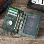 Green leather passport wallet open, showing card slots, coin zipper pocket, and passport window