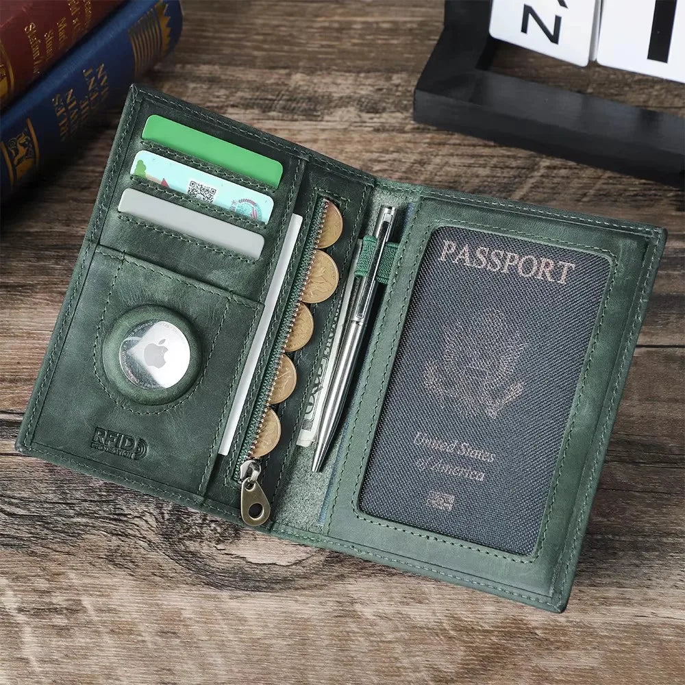 Green leather passport wallet open, showing card slots, coin zipper pocket, and passport window