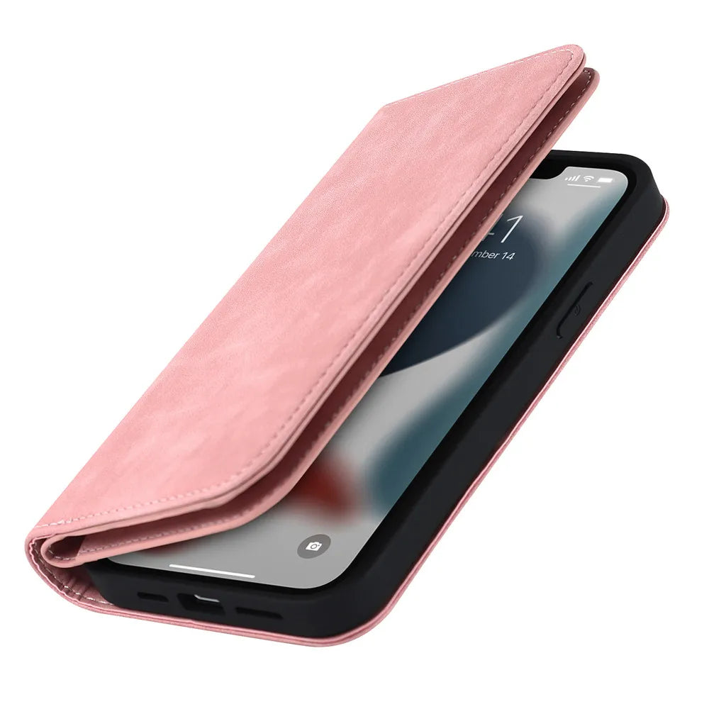 Kickstand MagSafe wallet in blush pink with flip cover, phone seated