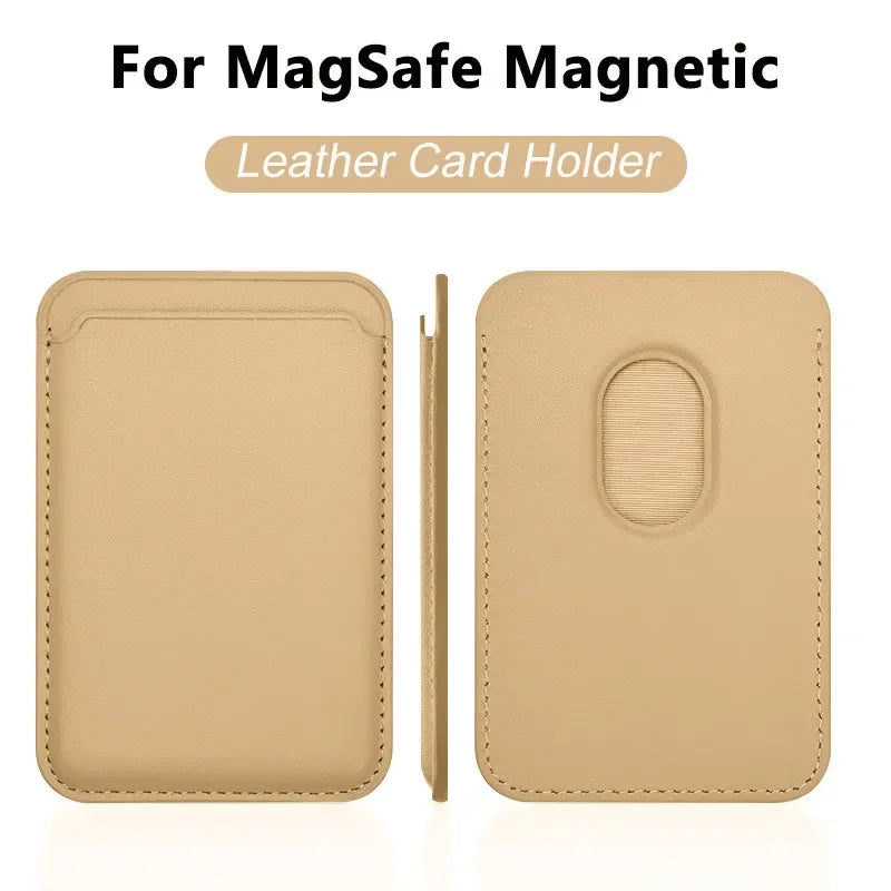 Magnetic wallet in light tan leather, back view with oval card window