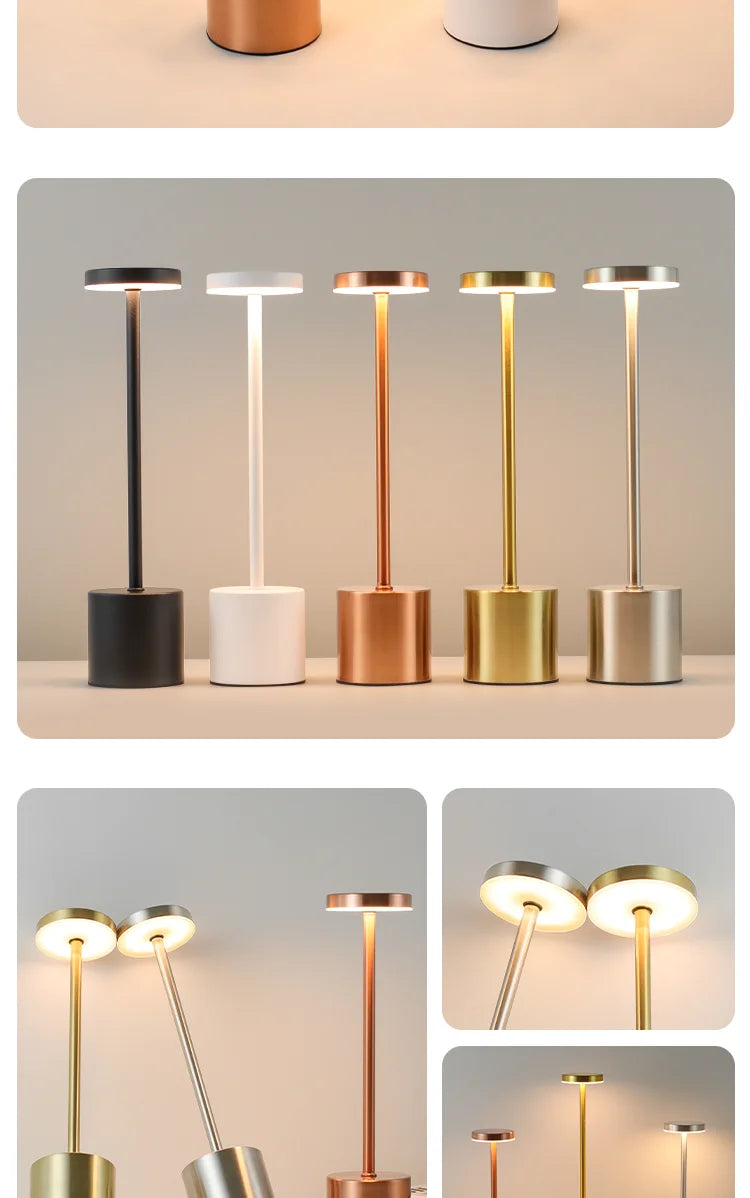 Metallic cordless touch lamps with lit tops: black, white, copper, gold and silver