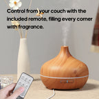 Light wood grain aroma diffuser with remote and visible mist output