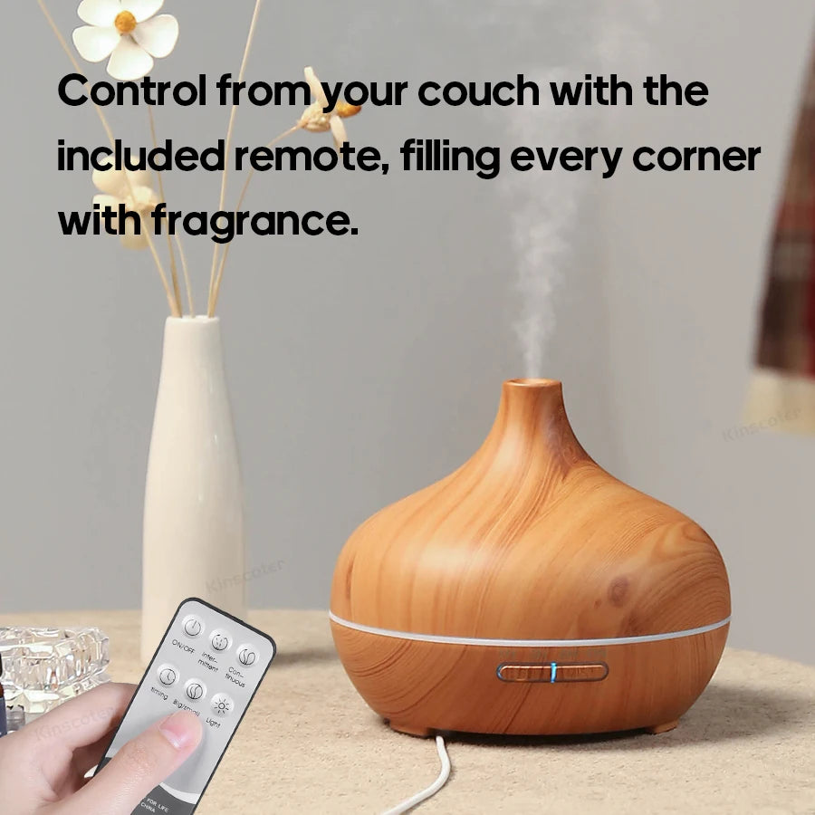 Light wood grain aroma diffuser with remote and visible mist output