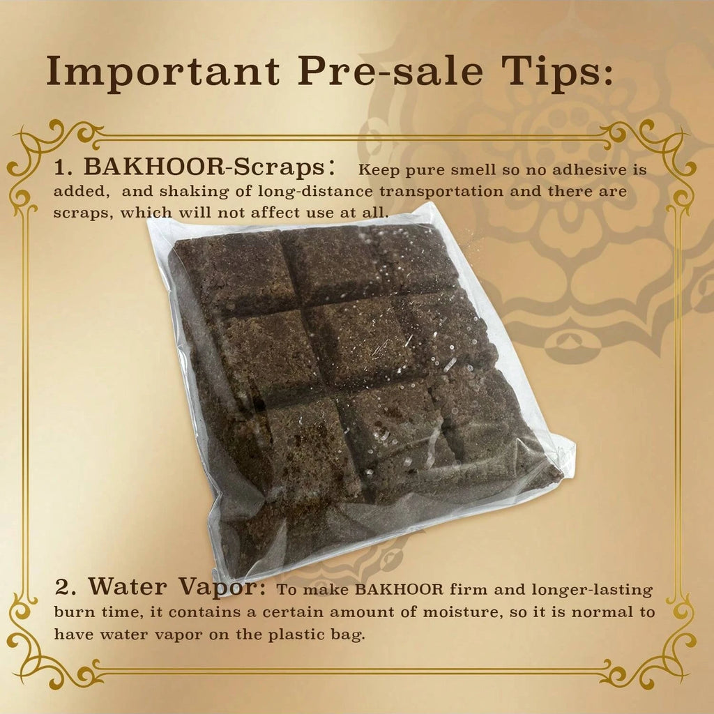 Packaged dark bakhoor incense bricks in clear plastic bag