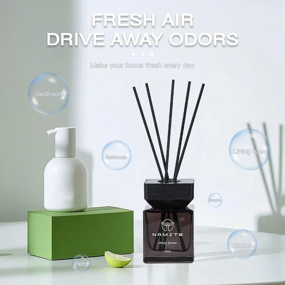 Misty Forest reed diffuser oil, black cube bottle with multiple dark reeds