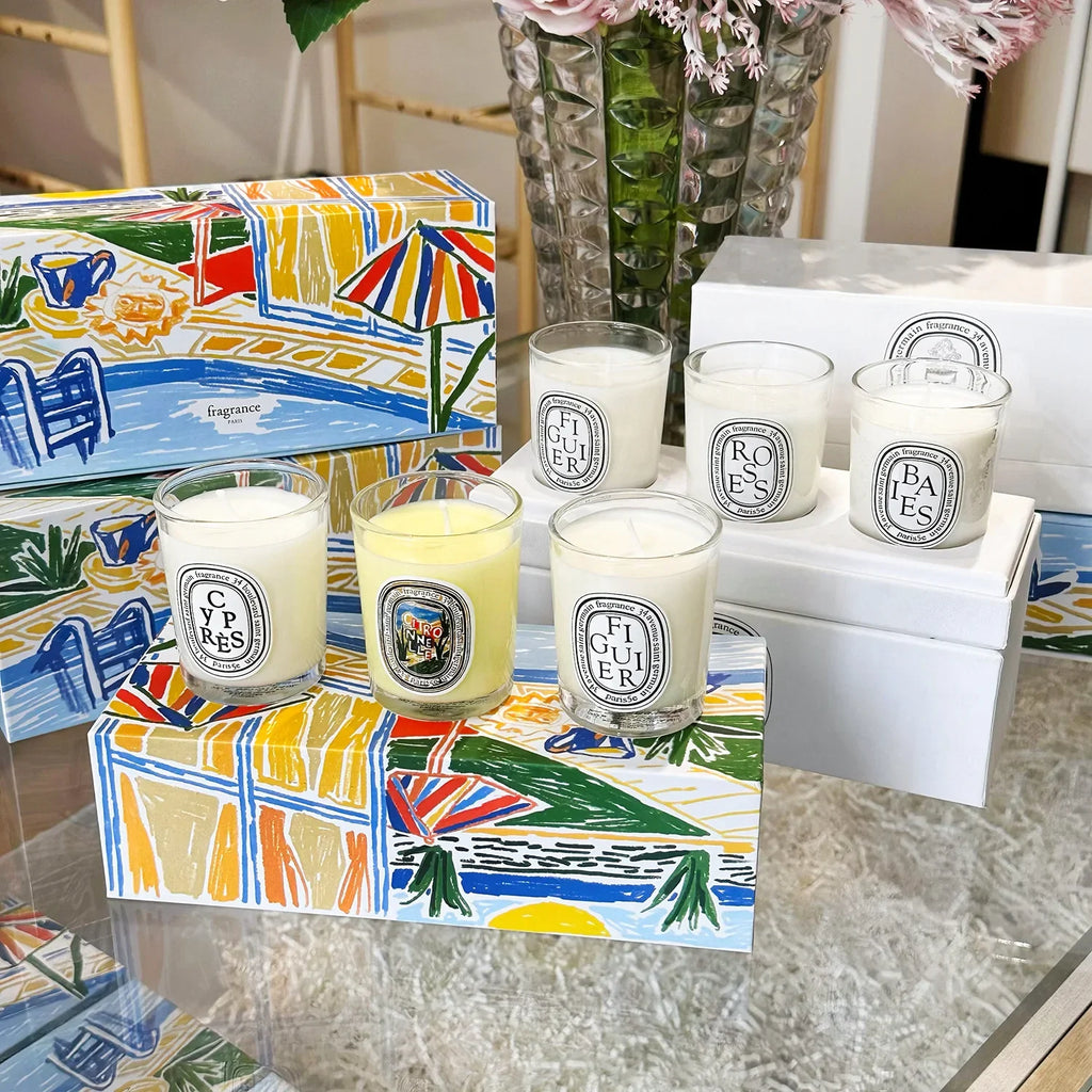 Set of French Botanical scented candle jars with FIGUIER, ROSES, BAIES labels