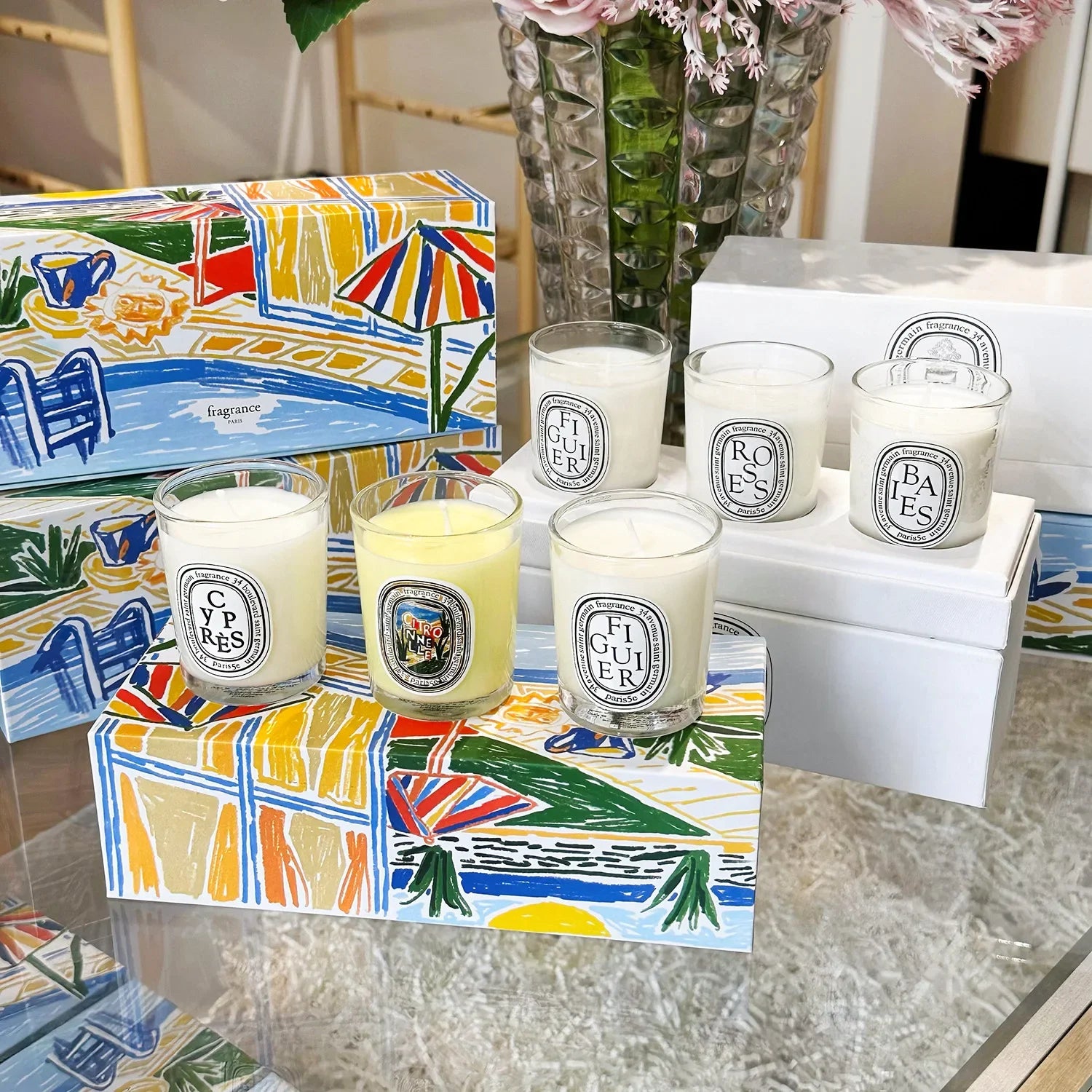 Set of French Botanical scented candle jars with FIGUIER, ROSES, BAIES labels