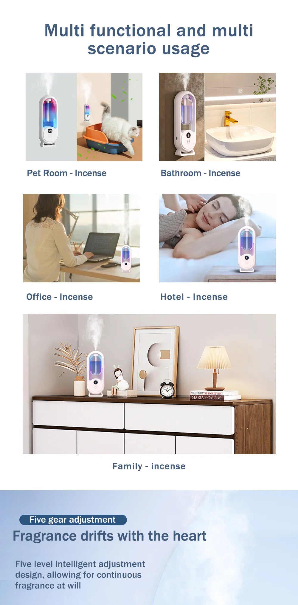 Portable aroma diffuser with blue LED light and mist output