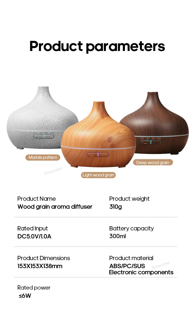Wood grain aroma diffuser 300 ml product parameters: dimensions, power, capacity