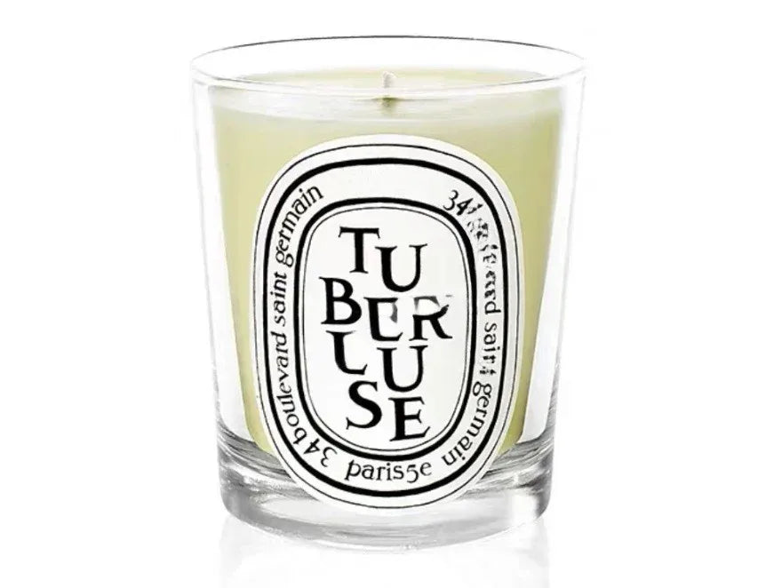 190g scented botanical candle in glass jar with TUBEREUSE label and pale wax