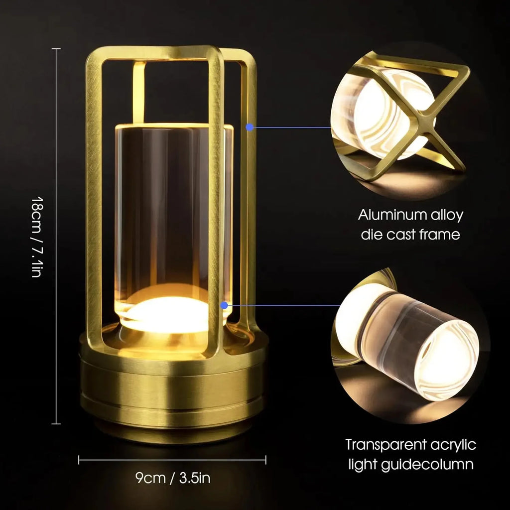 Golden lantern-style cordless lamp, clear acrylic light column and aluminum alloy frame