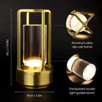 Golden lantern-style cordless lamp, clear acrylic light column and aluminum alloy frame