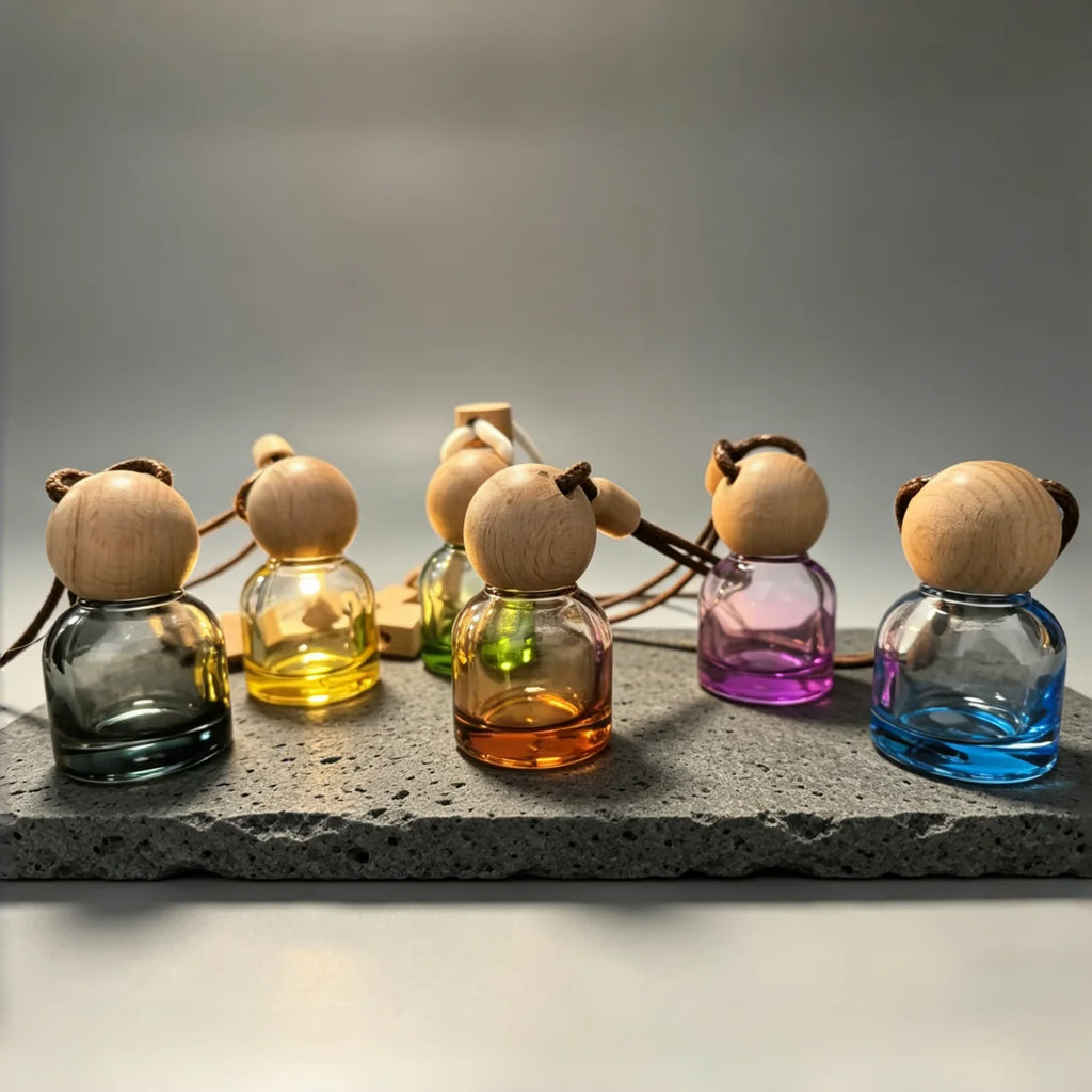 Mini glass car perfume diffuser: amber bottle with wooden ball cap and braided cord