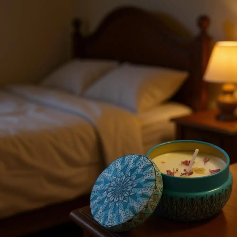 Vintage jar scented candle in teal with floral patterned lid and open lid view