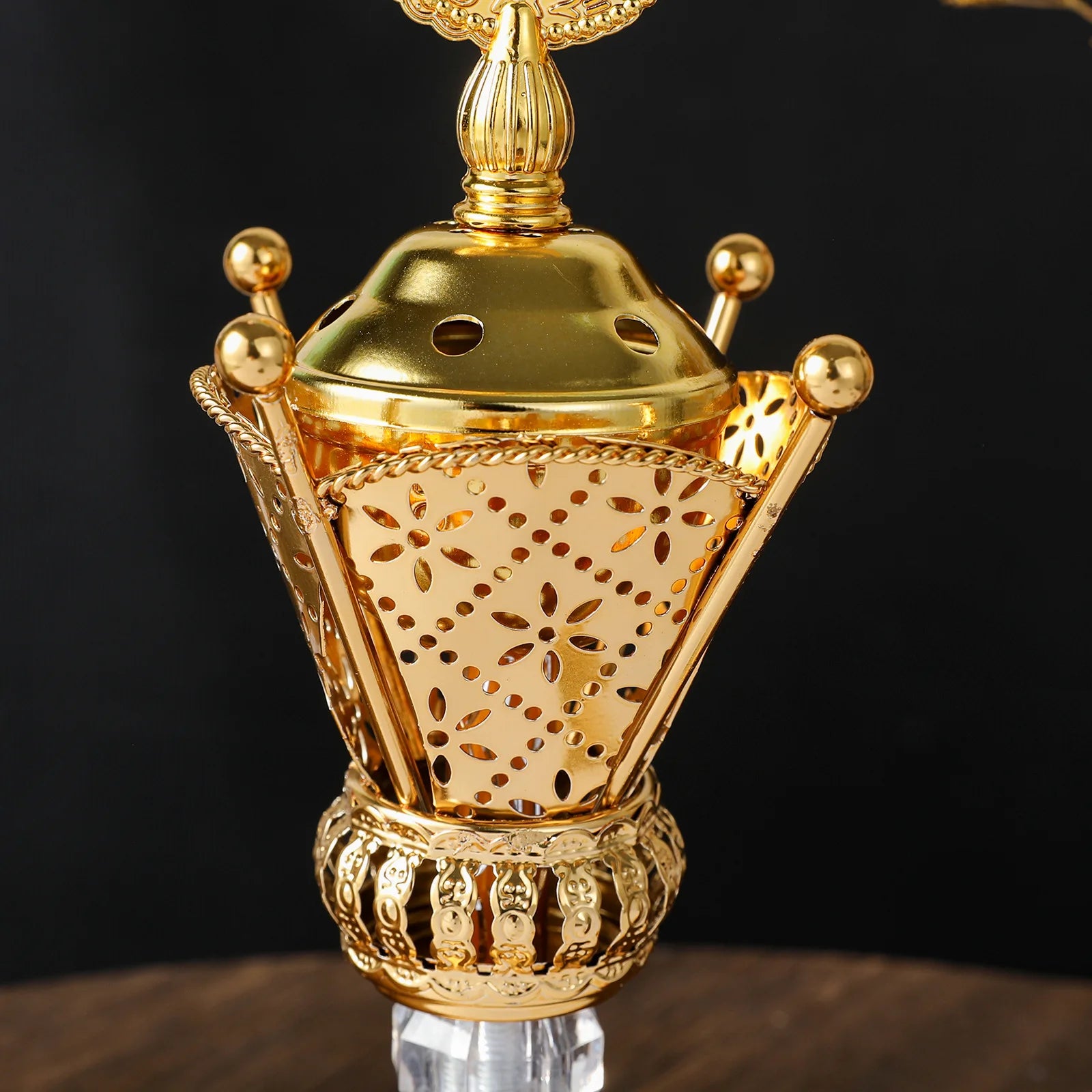 Brushed gold mabkhara with perforated lantern panel and knobbed side handles