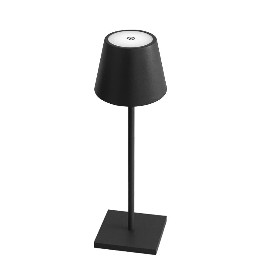 Obsidian LED desk lamp with black shade and square base, cordless tabletop light