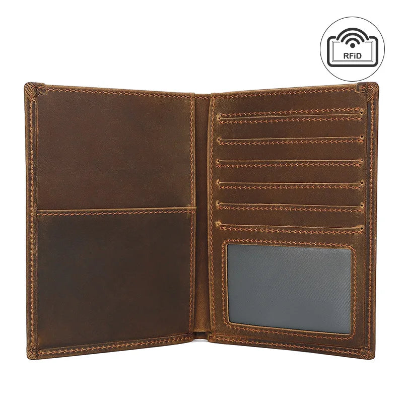 Cognac brown travel wallet interior with multiple card slots and a clear ID window.