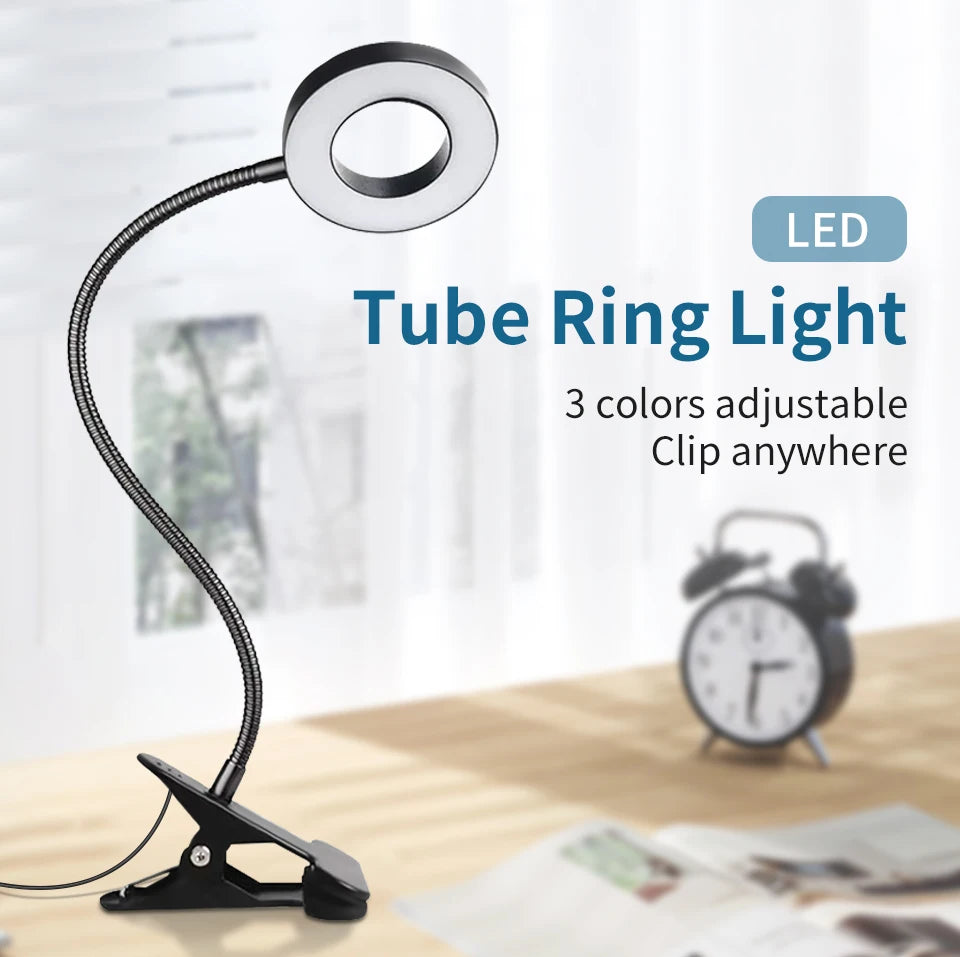 Tube ring light with touch control and flexible gooseneck clamp on tabletop