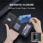 Black tri-fold wallet stand with magnetic closure and card compartments
