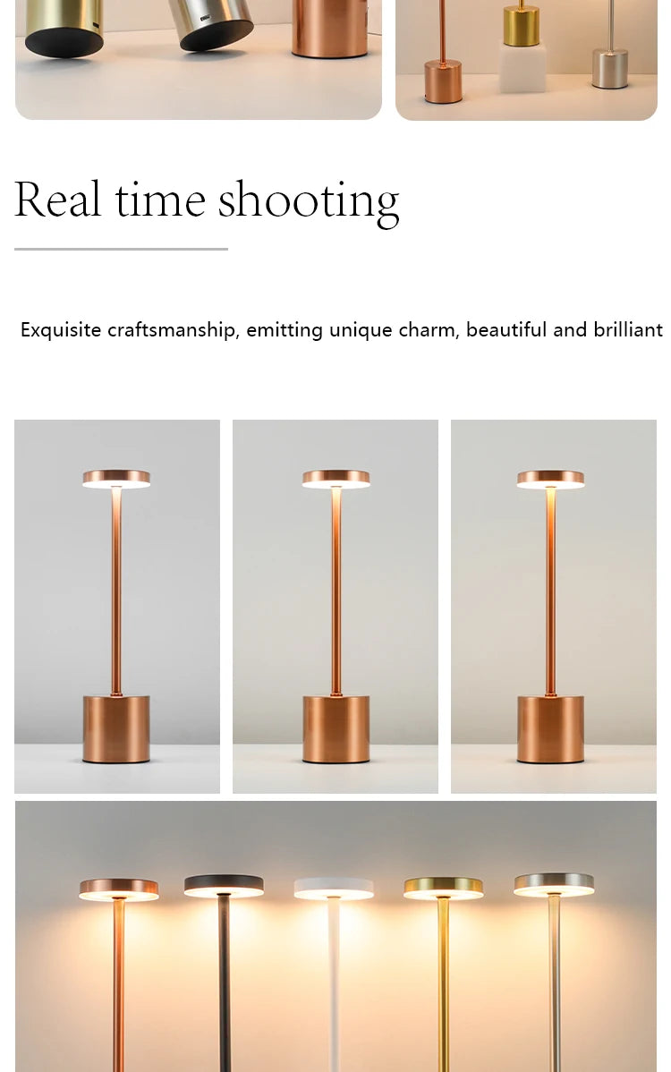 Multiple cordless touch reading lamps with round shade tops in gold, copper, black and white