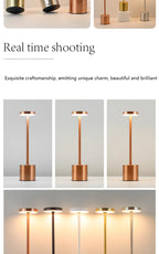 Multiple cordless touch reading lamps with round shade tops in gold, copper, black and white