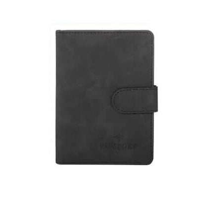 Dark gray passport folio with snap strap and stitched border, embossed “PASSPORT”