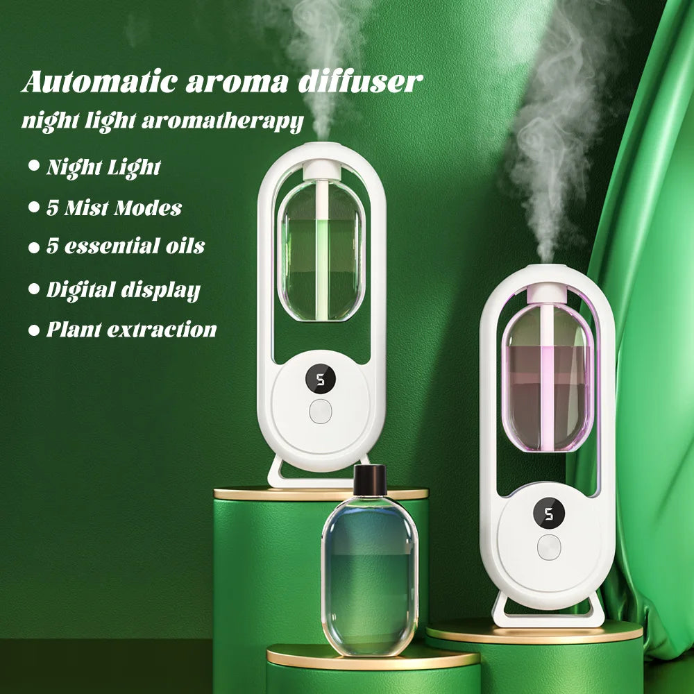 White aroma diffuser with night-light effect, illuminated chamber, and digital display