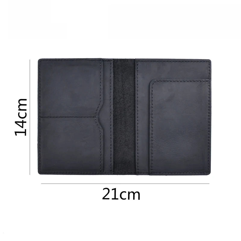 Obsidian black passport wallet interior view, 21cm wide and 14cm tall (card slots shown)