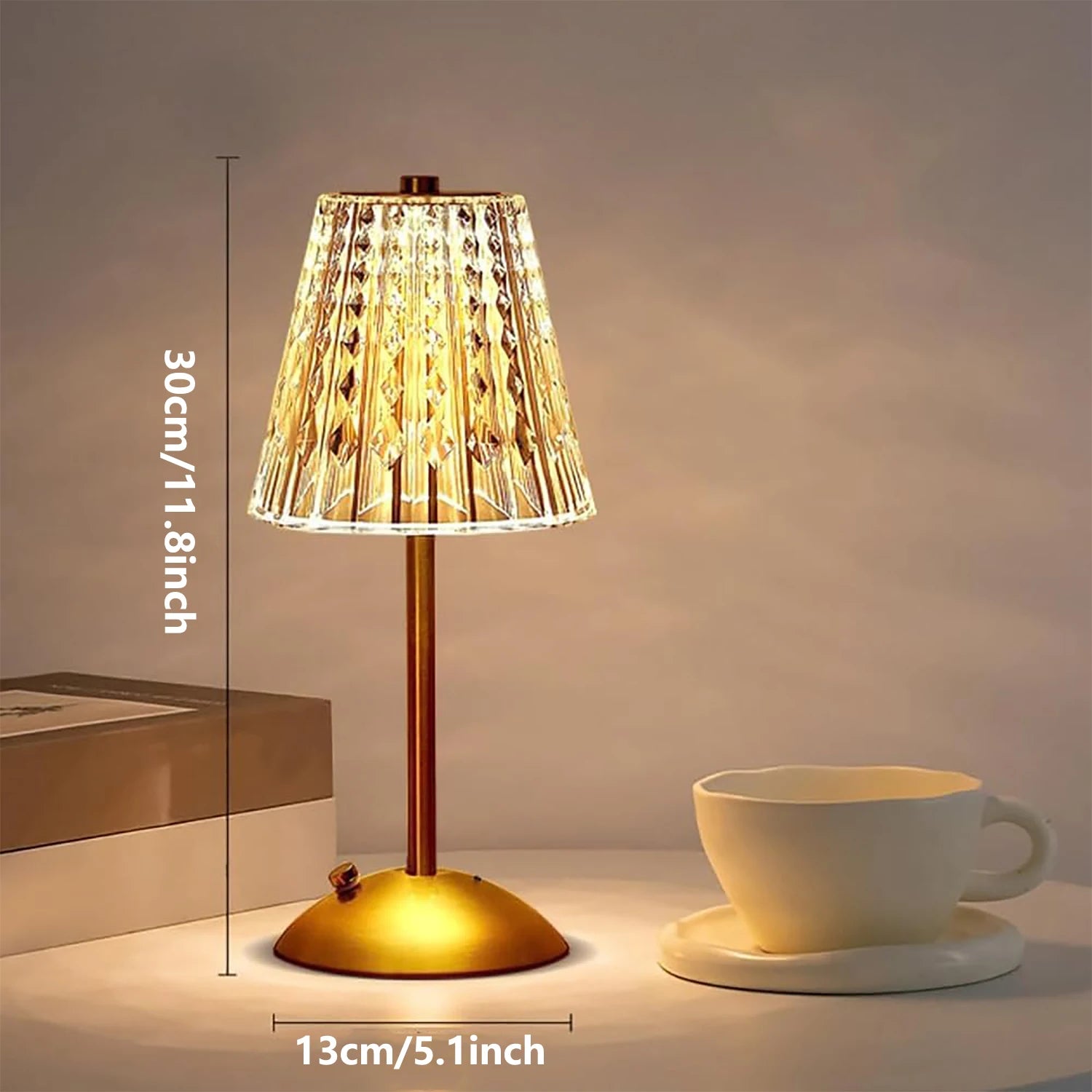 Champagne gold retro wireless table lamp, 13cm height, faceted shade and gold base