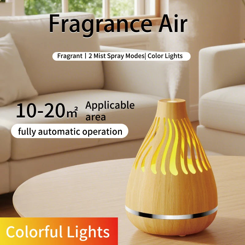 Light wood grain aroma diffuser with yellow glowing mist vents, releasing mist.