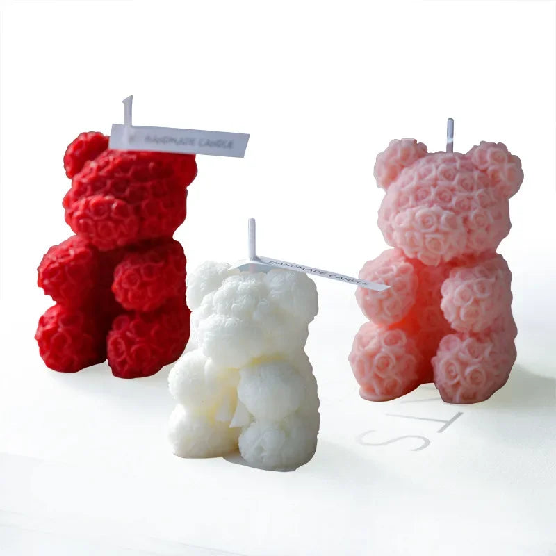 Rose bear scented candle set: red, pink, and ivory bear candles, each with a wick